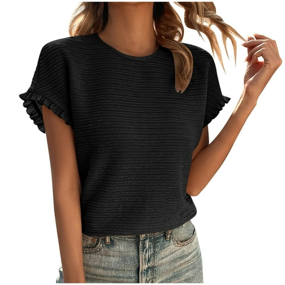 Plebaso Women's Ruffle Short Sleeve Blouses Pleated Crew Neck Casual Loose Tunic Tops Womens Clothes