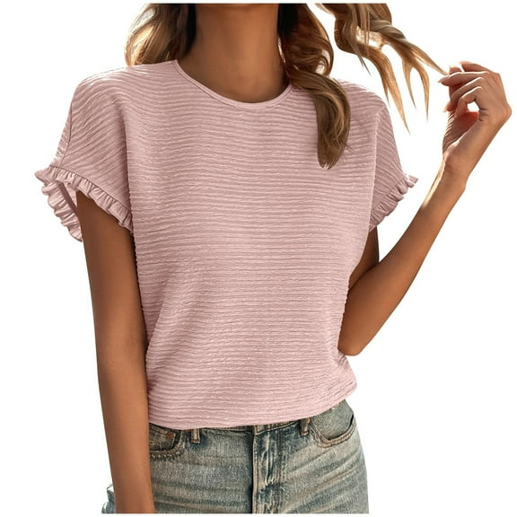 Plebaso Women's Ruffle Short Sleeve Blouses Pleated Crew Neck Casual Loose Tunic Tops Womens Clothes