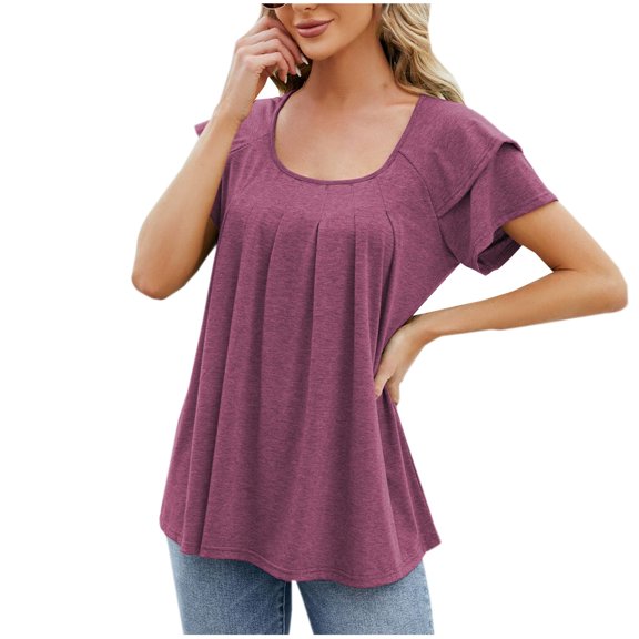 Plebaso Women's Ruffle Short Sleeve Tunic Tops Pleated Crew Neck Casual Summer Shirts Vacation Beach