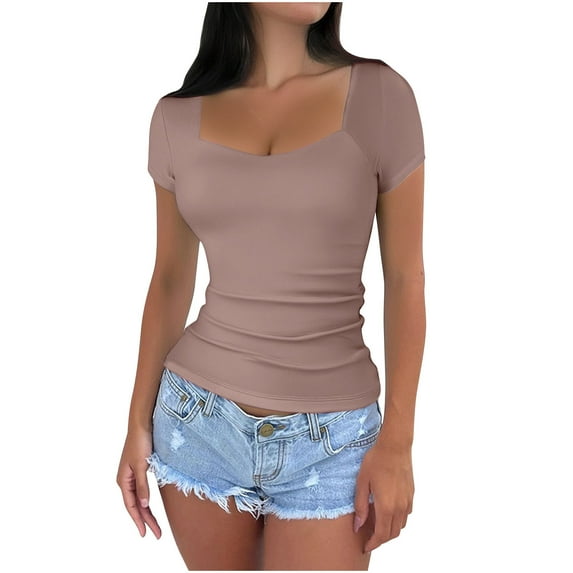 Plebaso Women's Short Sleeve T Shirts Fashion Going out Tops Slim Basic Tee Shirts Womens Clothes