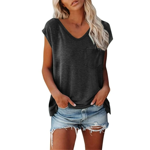 Plebaso Women's Short Sleeve T-Shirts Loose V Neck Casual Shirts Lightweight Soft Summer Tees Solid Color