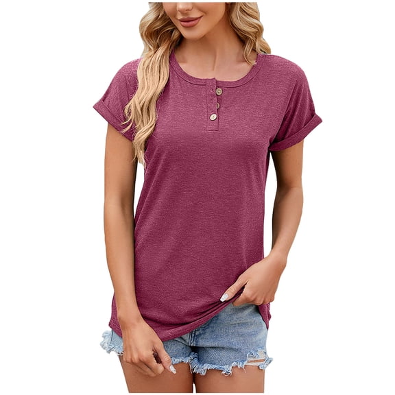 Plebaso Women's Short Sleeve Tops Button Crew Neck Casual T-Shirts Solid Color Pullover Shirts Summer Tees