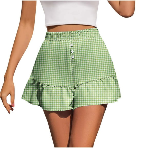 Plebaso Women's Shorts Summer Plaid Ruffle Shorts Casual Elastic High Waist Lightweight Shorts