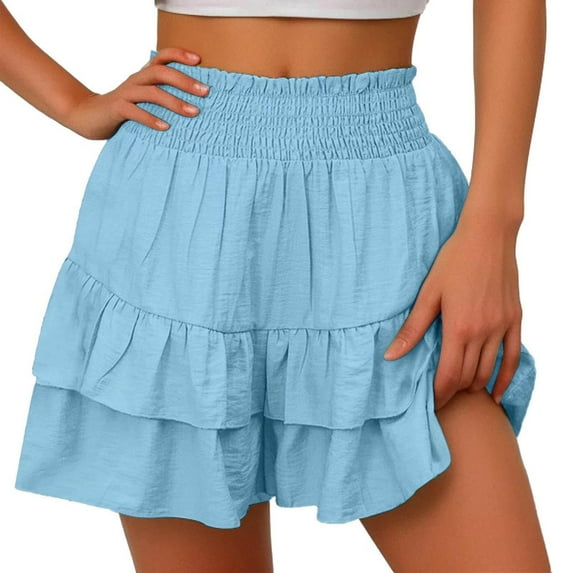 Plebaso Women's Shorts Ruffle Elastic Waist Flowy Skirts with Shorts Pleated Casual Solid Color Skorts