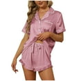 thumbnail image 1 of Plebaso Women's Silk Satin 2 Piece Short Sleeve Button down Shirts and Ruffle Shorts Pajama Set for Women, 1 of 8