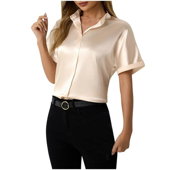 Plebaso Women's Silk Satin Tops Casual Button down Shirts Collared Short Sleeve Business Work Shirts Womens Clothes