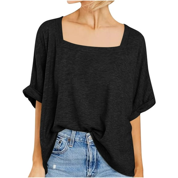 Plebaso Women's Square Neck T Shirts Loose Summer Short Sleeve Basic Tee Tops Casual Beach Shirt Clothes