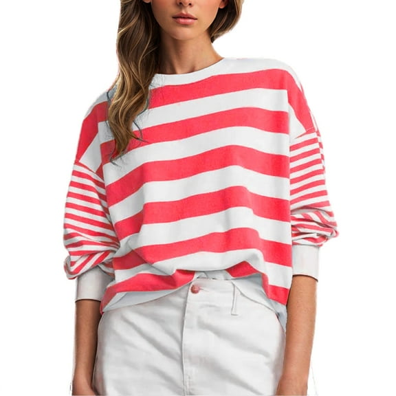 Plebaso Women's Striped Sweatshirts Color Block Long Sleeve Crew Neck Pullover Tops Womens Clothes