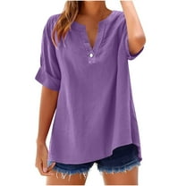 Plebaso Women's Summer Linen Tops Short Sleeve V Neck Solid Color Casual Loose Tunic Shirts for Women