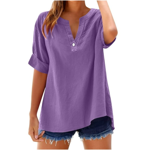 Plebaso Women's Summer Linen Tops Short Sleeve V Neck Solid Color Casual Loose Tunic Shirts for Women