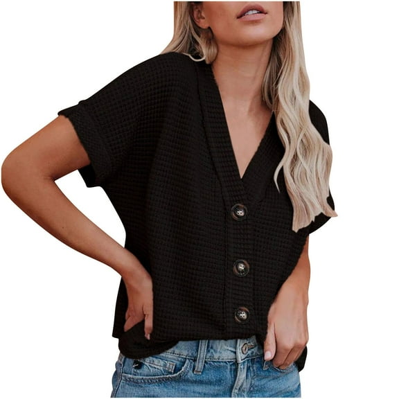 Plebaso Women's Summer Short Sleeve Cardigans V Neck Knit Open Front Button Cardigan Lightweight Cropped Tops