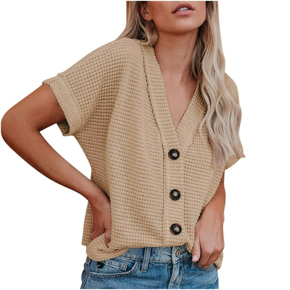 Plebaso Women's Summer Short Sleeve Cardigans V Neck Knit Open Front Button Cardigan Lightweight Cropped Tops