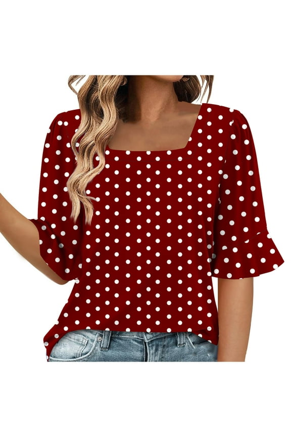 Women's Summer Tops Polka Dot Graphic Tee Square Neck Short Sleeve Casual Loose Tunic Shirts for Women