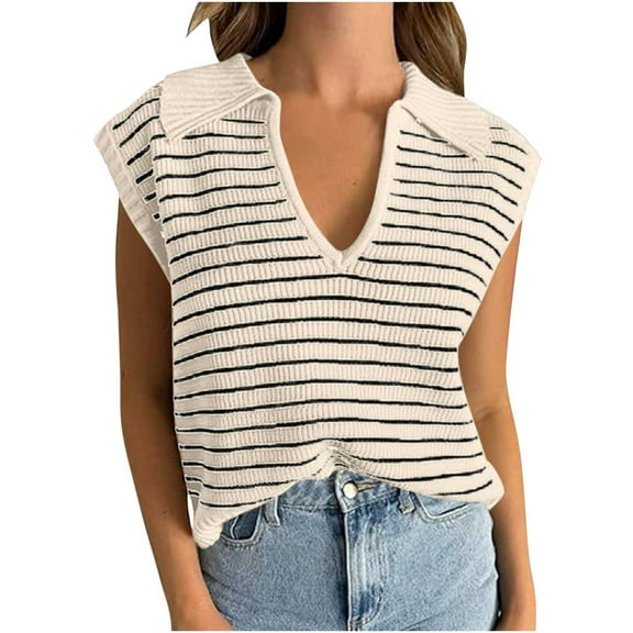 Plebaso Women's Sweater Vests V Neck Collared Striped Crochet Knit Vest Pullover Tank Top for Women