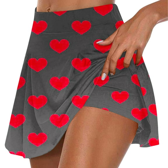 Plebaso Women's Tennis Skirts Built in Shorts High Waist Heart Print Cute Shorts Athletic Sports Skorts