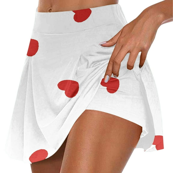 Plebaso Women's Tennis Skirts Built in Shorts High Waist Heart Print Cute Shorts Athletic Sports Skorts