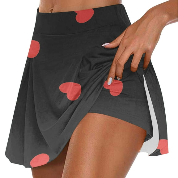 Plebaso Women's Tennis Skirts Built in Shorts High Waist Heart Print Cute Shorts Athletic Sports Skorts