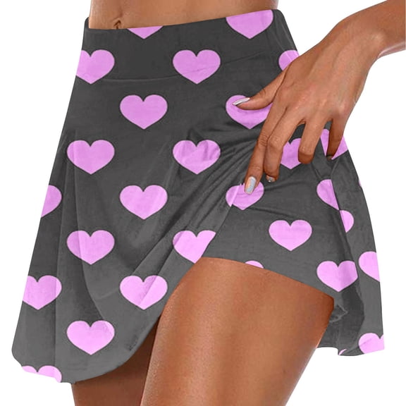 Plebaso Women's Tennis Skirts Built in Shorts High Waist Heart Print Cute Shorts Athletic Sports Skorts