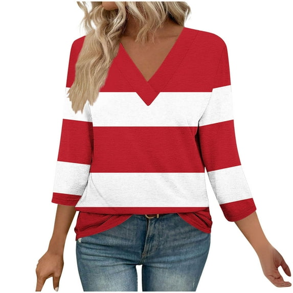 Plebaso Women's Tops 3/4 Length Sleeve V Neck Tunic Tops for Women Lightweight Casual Loose T-Shirts