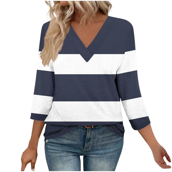 Plebaso Women's Tops 3/4 Length Sleeve V Neck Tunic Tops for Women Lightweight Casual Loose T-Shirts
