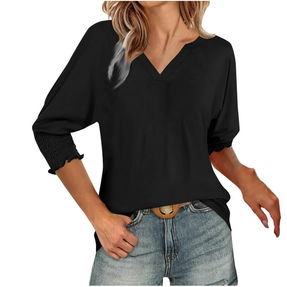 Plebaso Women's Tops Casual V Neck Puff 3/4 Length Sleeve Blouses Solid Color Ladies Summer Dressy Shirts