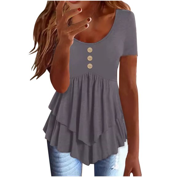 Plebaso Women's Tunic Tops Crew Neck Short Sleeve Tops Ruffle Flowy Casual Blouses Summer Clothes