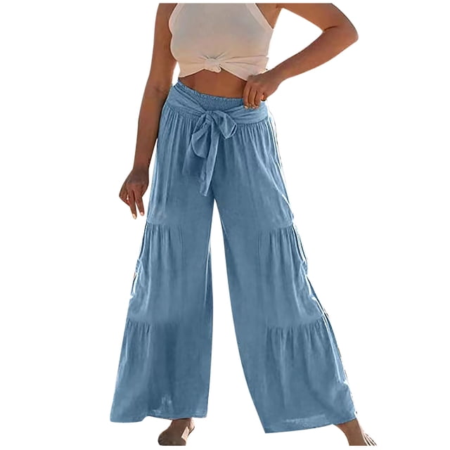 Plebaso Women's Wide Leg Pants Solid Color Elastic Waist Ruffle Long Pants Ladies Casual Loose Pants