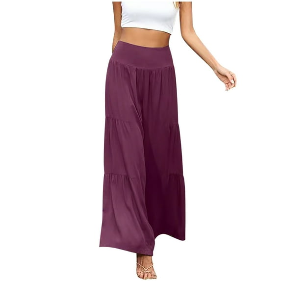 Plebaso Women's Wide Leg Pants Solid Color High Waist Ruffle Long Pants Ladies Casual Loose Pants