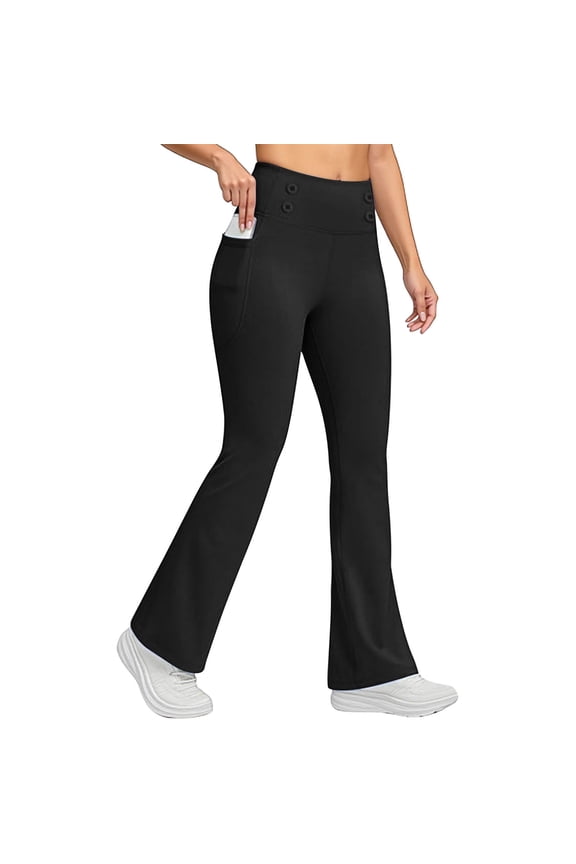 Women's Winter Flare Leggings with Pockets Fleece Lined High Waisted Button Yoga Pants for Women