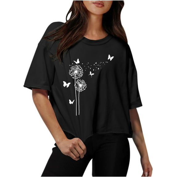 Plebaso Women's Workout Crop Tops Butterfly Printed Short Sleeve T-Shirts Casual Cute Athletic Tees Activewear