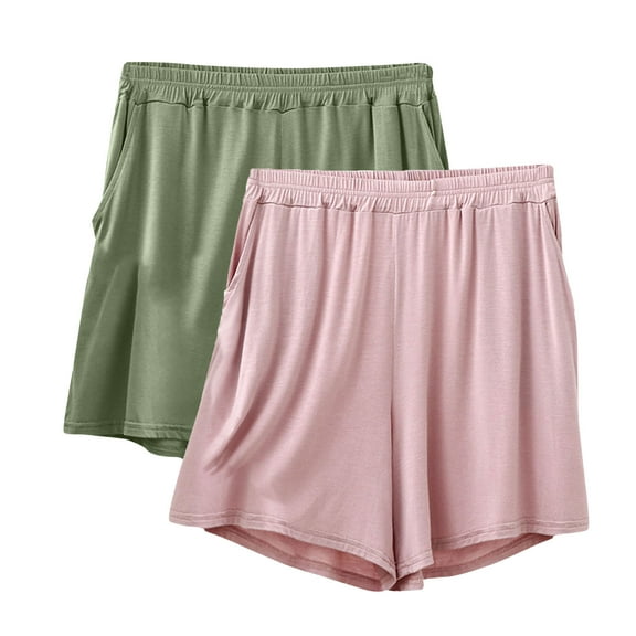 Plebaso Womens 2 Pack Pajama Shorts with Pockets Plus Size Summer Thin Comfy Lounge Shorts Sleepwear