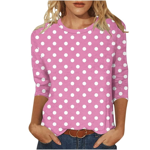 Plebaso Womens 3/4 Sleeve Tunic Tops Polka Dot Printed Crew Neck Shirts Business Casual Work Blouses for Women