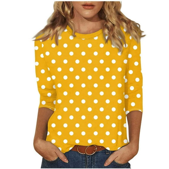 Plebaso Womens 3/4 Sleeve Tunic Tops Polka Dot Printed Crew Neck Shirts Business Casual Work Blouses for Women