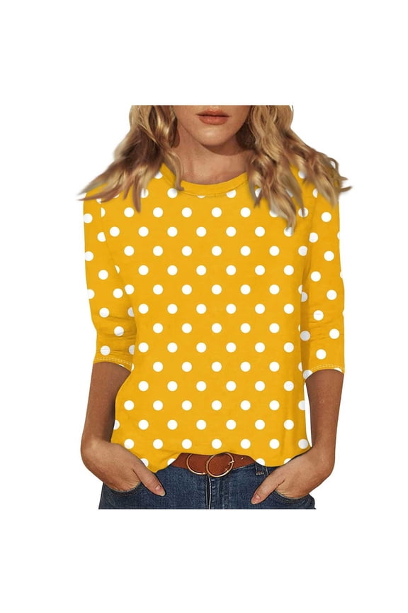 Womens 3/4 Sleeve Tunic Tops Polka Dot Printed Crew Neck Shirts Business Casual Work Blouses for Women