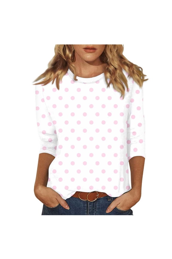Womens 3/4 Sleeve Tunic Tops Polka Dot Printed Crew Neck Shirts Business Casual Work Blouses for Women