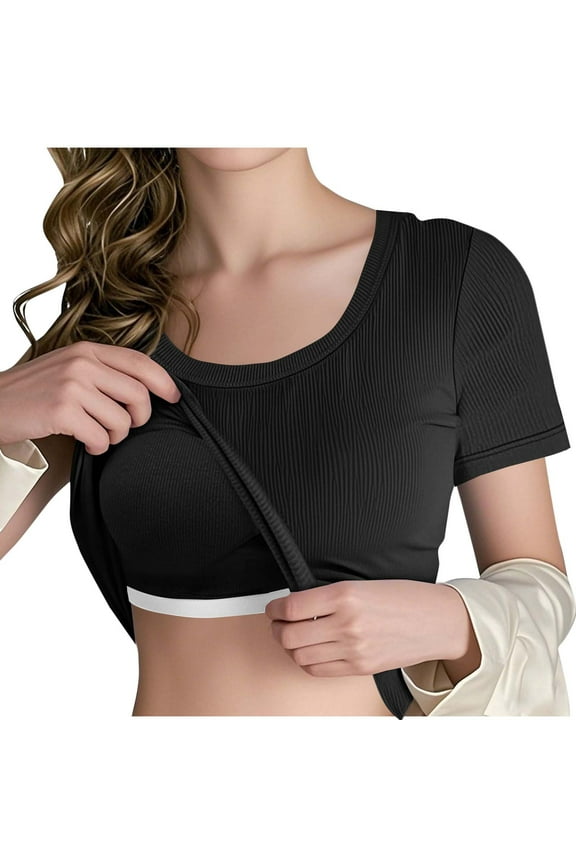 Womens Built in Bra T Shirts Short Sleeve Ribbed Tops Casual Crew Neck Summer Cute Tee for Women