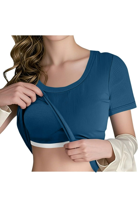 Womens Built in Bra T Shirts Short Sleeve Ribbed Tops Casual Crew Neck Summer Cute Tee for Women