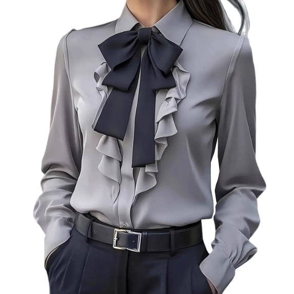 Plebaso Womens Button down Shirts Bow Tie Neck Long Sleeve Elegant Blouses Dressy Business Work Tops