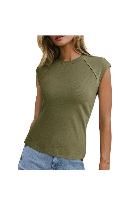 Womens Cap Short Sleeve Tops Crew Neck Ribbed Knit Going out Tops Fashion Summer Basic Tees