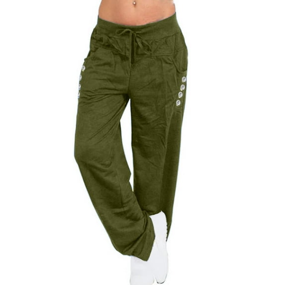 Plebaso Womens Casual Pants Drawstring Wide Leg Pants Comfortable Loose Button Trousers with Pockets