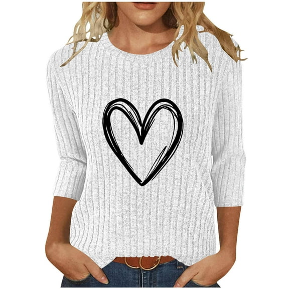 Plebaso Womens Casual Print Tops 3/4 Sleeve Knitted Pullover Crewneck Lightweight Loose Tops for Women