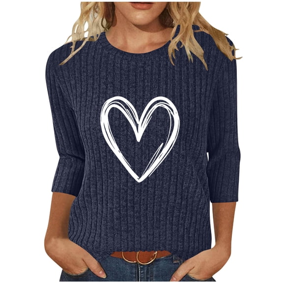 Plebaso Womens Casual Print Tops 3/4 Sleeve Knitted Pullover Crewneck Lightweight Loose Tops for Women