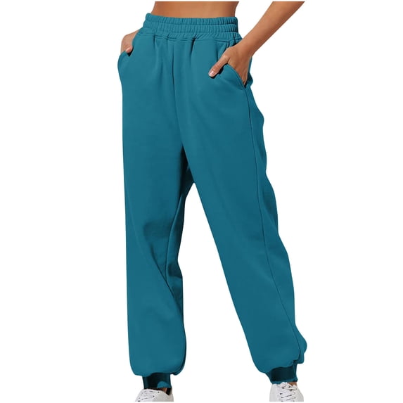 Plebaso Womens Cinch Bottom Sweatpants with Pockets Solid Color Printed High Waist Baggy Running Jogger Pants