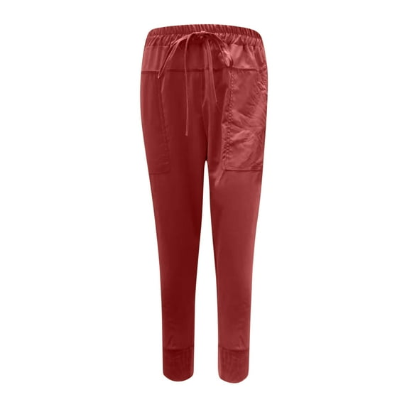 Plebaso Womens Cotton Linen Pants Elastic Waist Calf-Length Pencil Pants Ladies Casual Slim Calf-Length Pants with Pockets