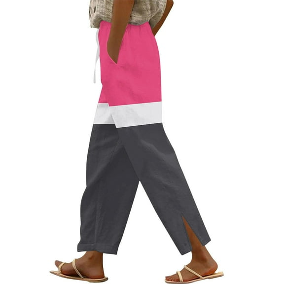 Plebaso Womens Cotton Linen Pants Side Split Straight Leg Pants Elastic Waist Trousers with Drawstring