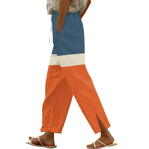 Plebaso Womens Cotton Linen Pants Side Split Straight Leg Pants Elastic Waist Trousers with Drawstring