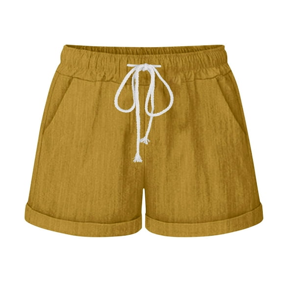 Plebaso Womens Cotton Linen Shorts Drawstring Casual Shorts Elastic Waist Pull on Summer Shorts with Pockets