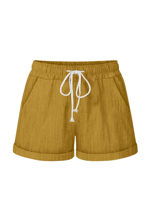 Womens Cotton Linen Shorts Drawstring Casual Shorts Elastic Waist Pull on Summer Shorts with Pockets