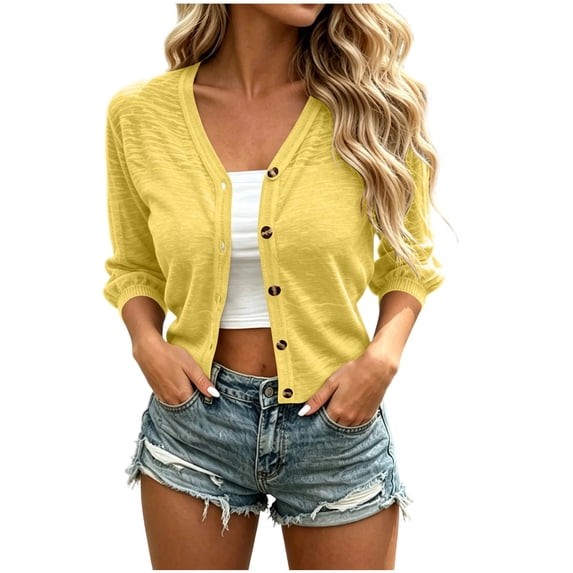 Plebaso Womens Cropped Cardigan 3/4 Sleeve V Neck Button down Long Sleeve Casual Cardigans for Dresses