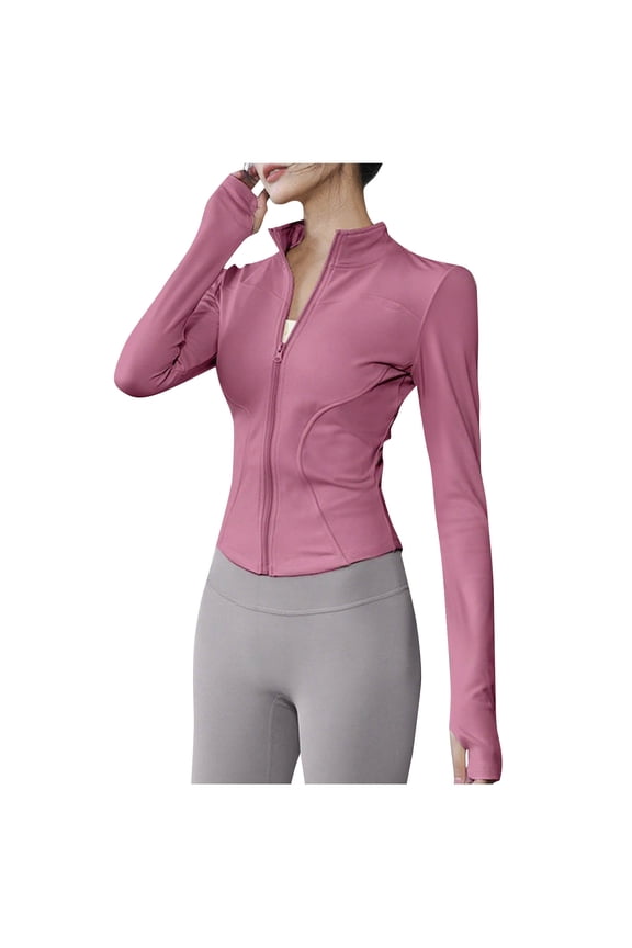 Womens Cropped Workout Jacket Zip up Stretch Lightweight Athletic Running Tops with Thumb Holes